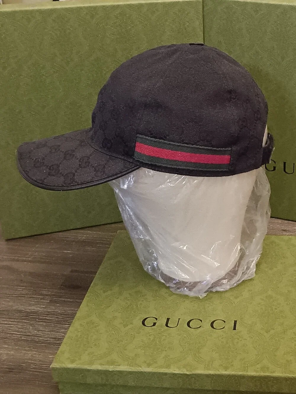 Gucci Black GG Canvas Cap with Signature Green-Red Web